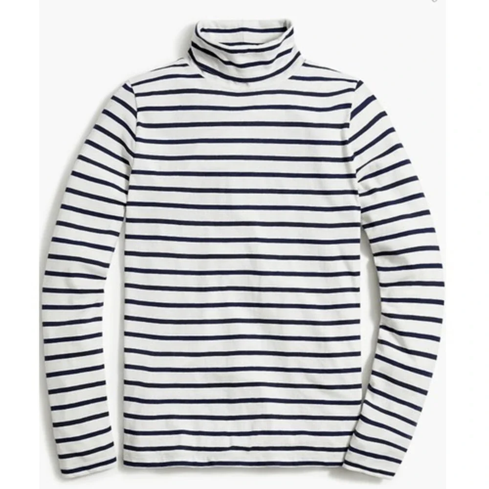 J.Crew Tissue Turtleneck Top Women XXS White Navy Blue Stripe Long Sleeve Cotton